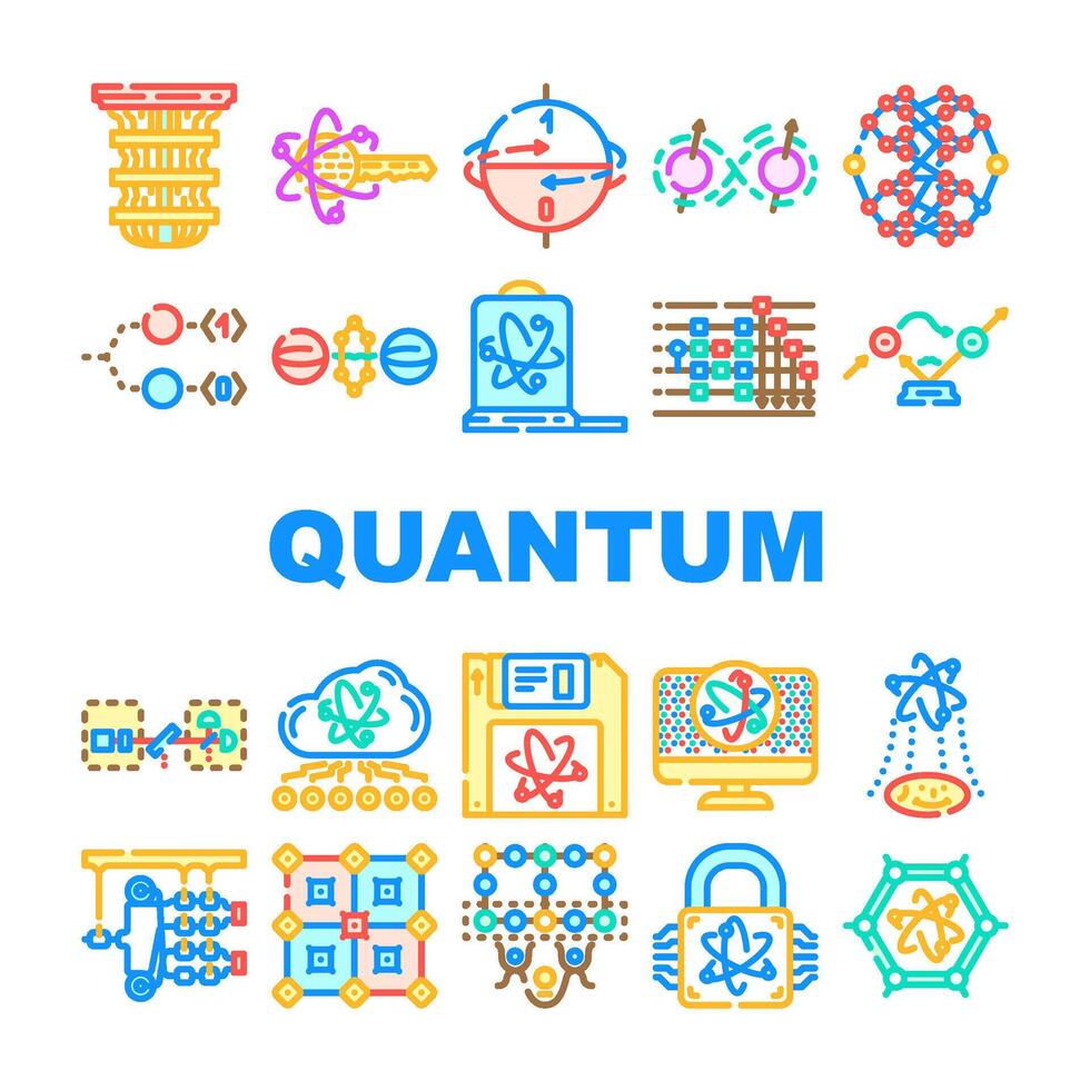 quantum technology data network icons set vector