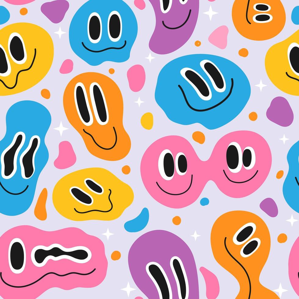 Melting smile face. Trippy melted psychedelic emoji seamless pattern. Abstract surreal happiness expression portrait. Cartoon funny liquid faces texture. Colorful print vector