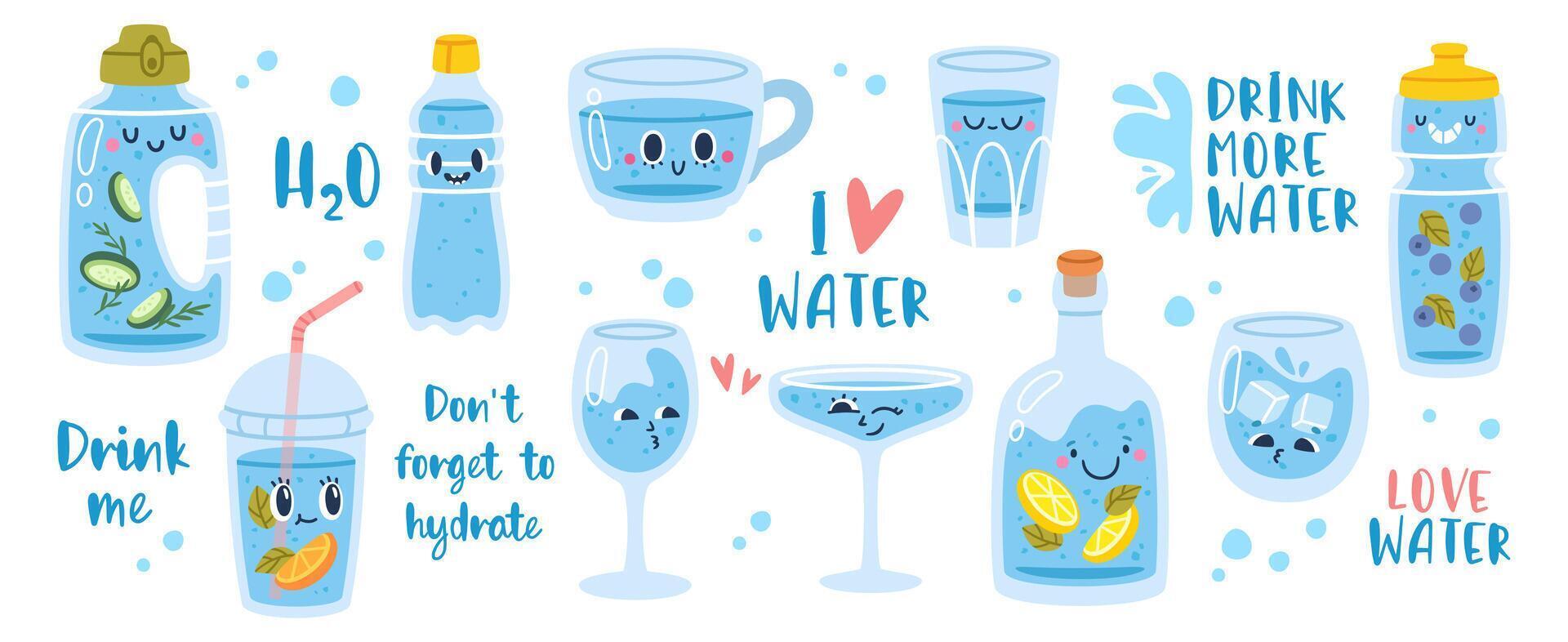 Cute cartoon water bottle. Drink more water. Funny drinking bottles mascot character. Comic cup, glass, plastic flask. Lettering and quotes about water balance. set vector