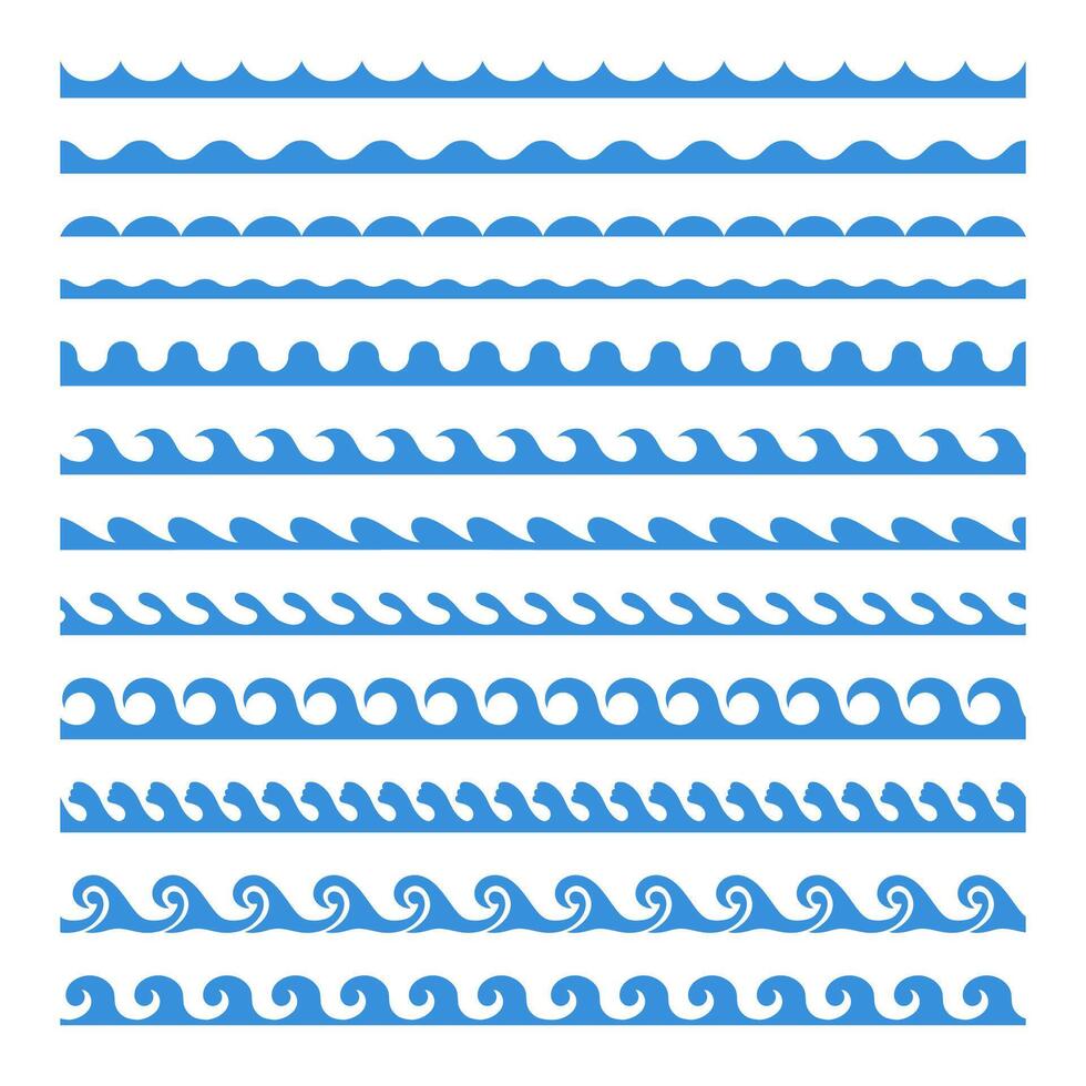 agua ondulado fronteras acuático olas marco. sin costura azul horizontal marina Rizado cepillar. decorativo Tormentoso mar marea, curvo río, líquido elementos diseño, colección vector