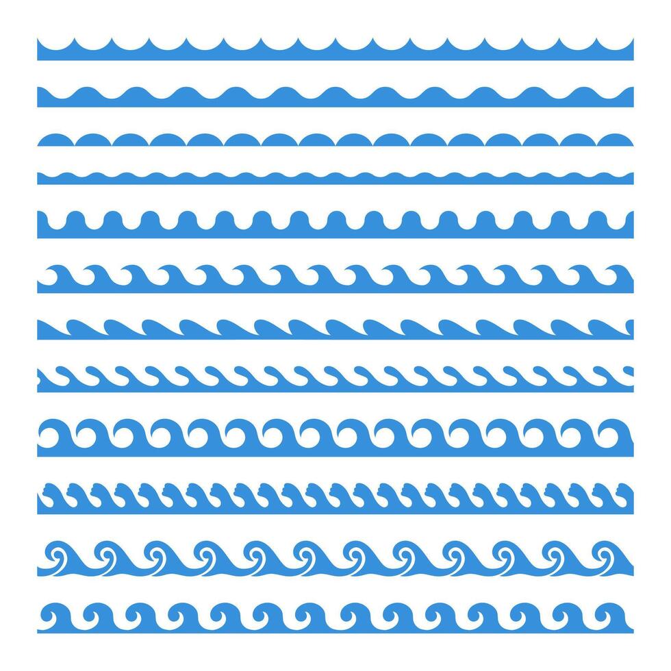 Water wavy borders. Aquatic waves frame. Seamless blue horizontal marine curly brush. Decorative stormy sea tide, curved river, liquid elements design, collection vector