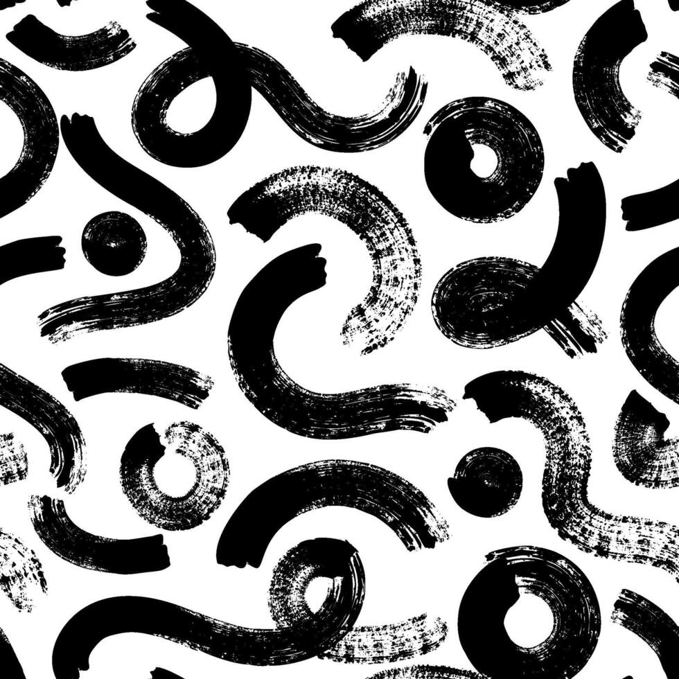 Brush strokes seamless pattern. Grunge paint shapes. Hand drawn black ink wavy and curly lines. Abstract texture waves. Monochrome chalkboard curves squiggles, background vector