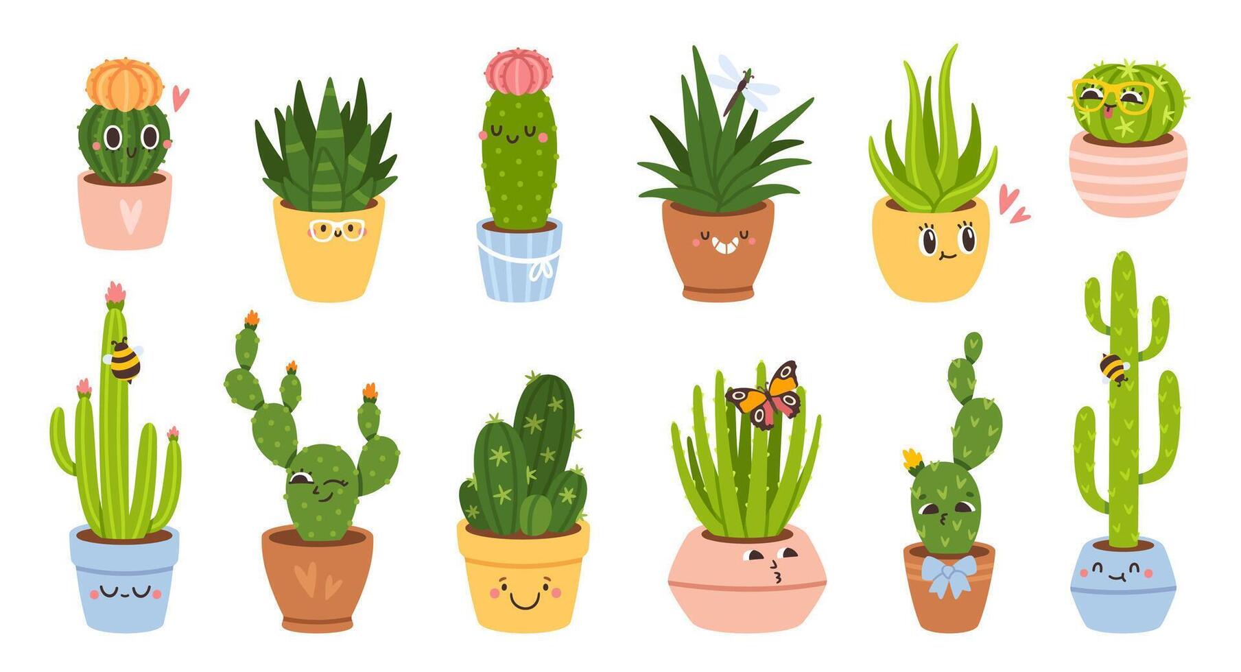 linda cactus. dibujos animados cactus, suculentas o cactus planta caracteres en ollas. mexicano espinoso plantas con gracioso caras y emoción. divertido hogar cactus pegatinas y insignias conjunto vector