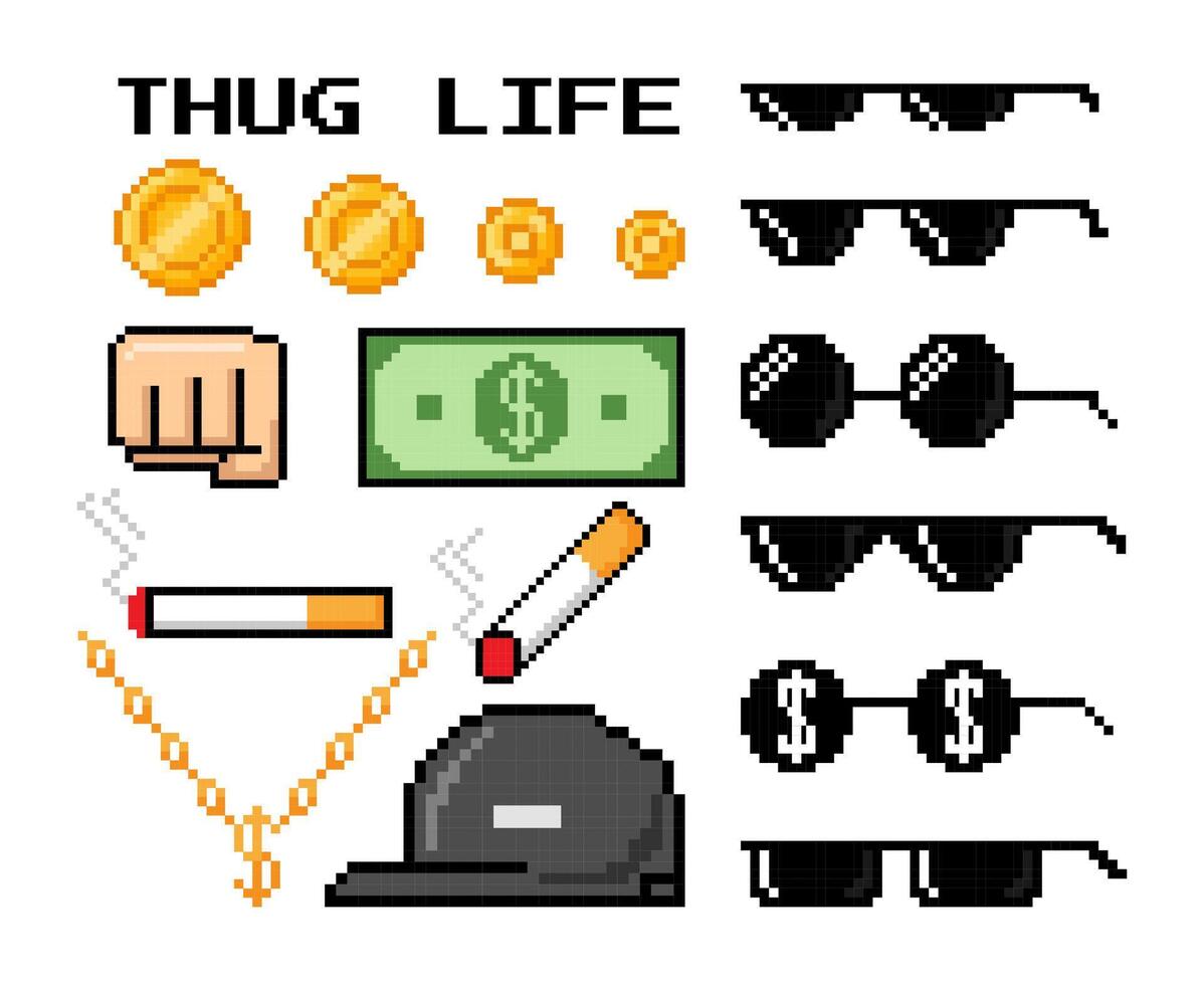 píxel Arte matón vida. jefe, gángster elementos. cómic pixelado rapero atributos gracioso dorado monedas y dinero, cadena, Gafas de sol, puño, sombrero y cigarrillo. mafia trato. conjunto vector