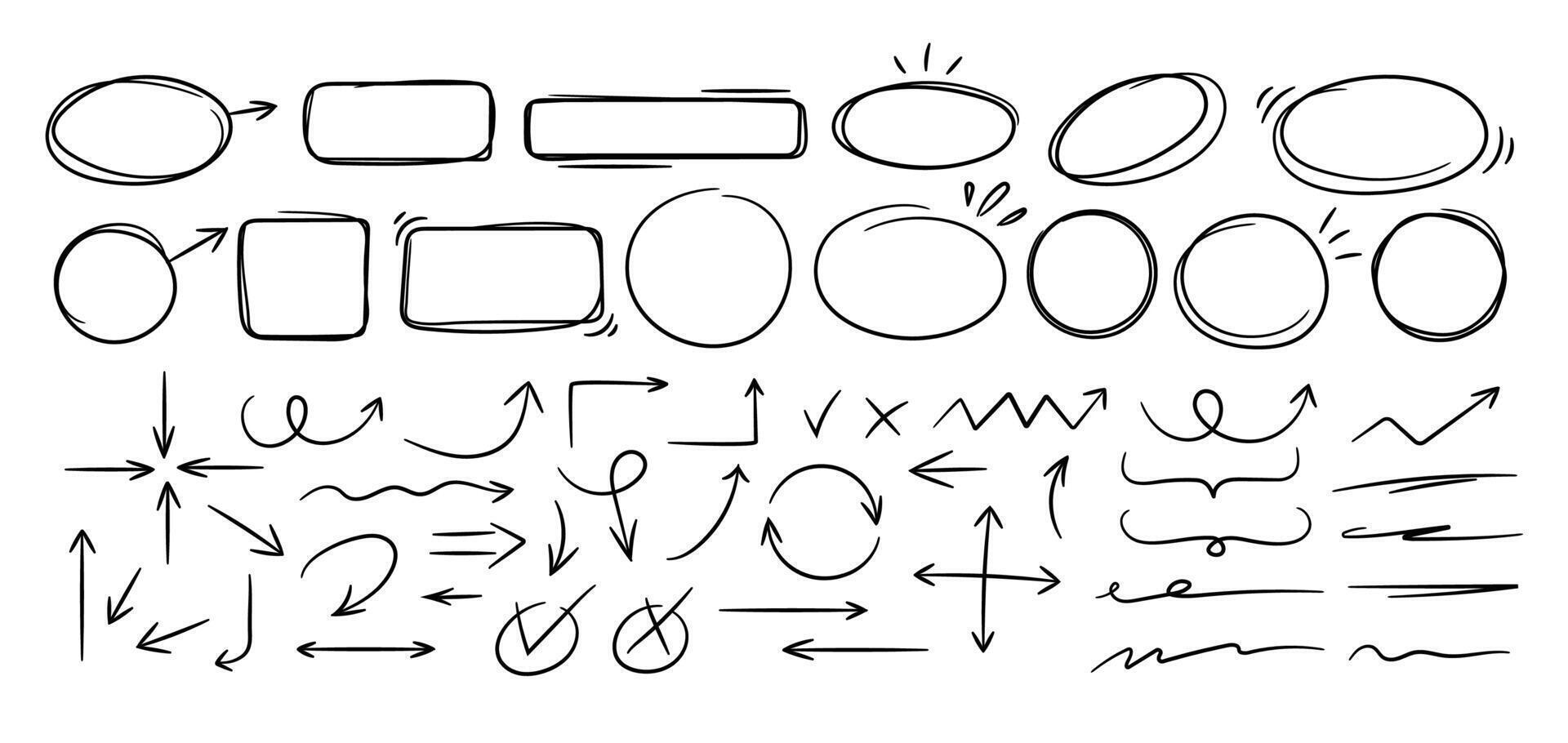 Sketch line frames, pointers. Doodle arrow, circle, oval and square shape frame, check mark elements. Freehand black marker, pen underline and navigation symbols. set vector