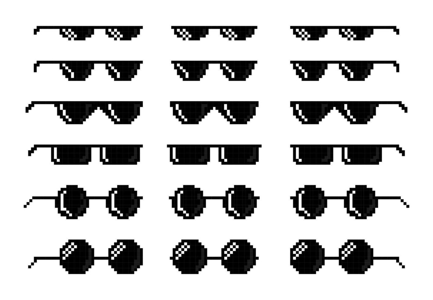 Pixel glasses. Thug life sunglasses meme, like a Boss. Comic 8 bit pixelated black gangster accessory icons. Cartoon 16 bit rapper eyeglasses. Network joke emoticon. set vector