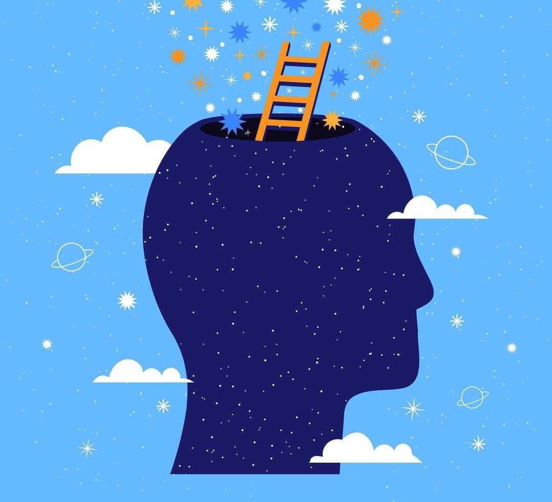 Mental Health. Surreal stairs to human head with stars and clouds. Open your mind. Psychotherapy, meditation, person brain in space. Psycho and healthy emotions concept vector