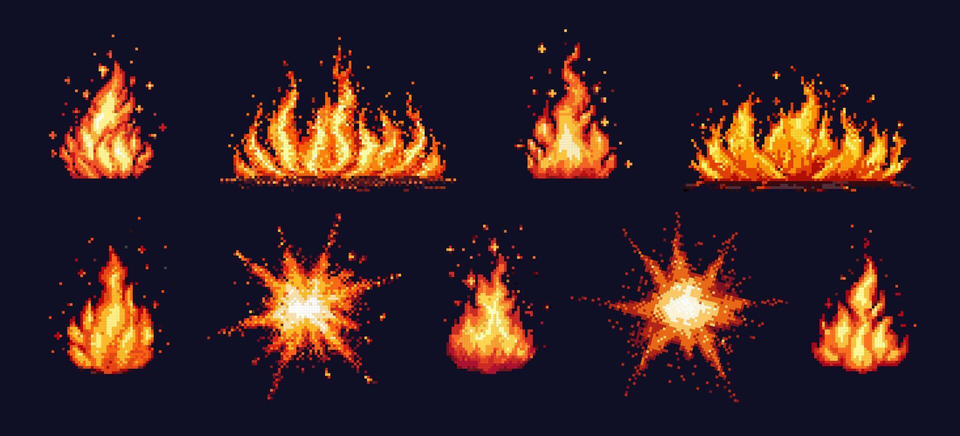 Pixel art fire. Red explosion and bonfire, burning campfire with flame, ignitions and sparks on dark night background. 8 bit pixel 80s game isolated set vector