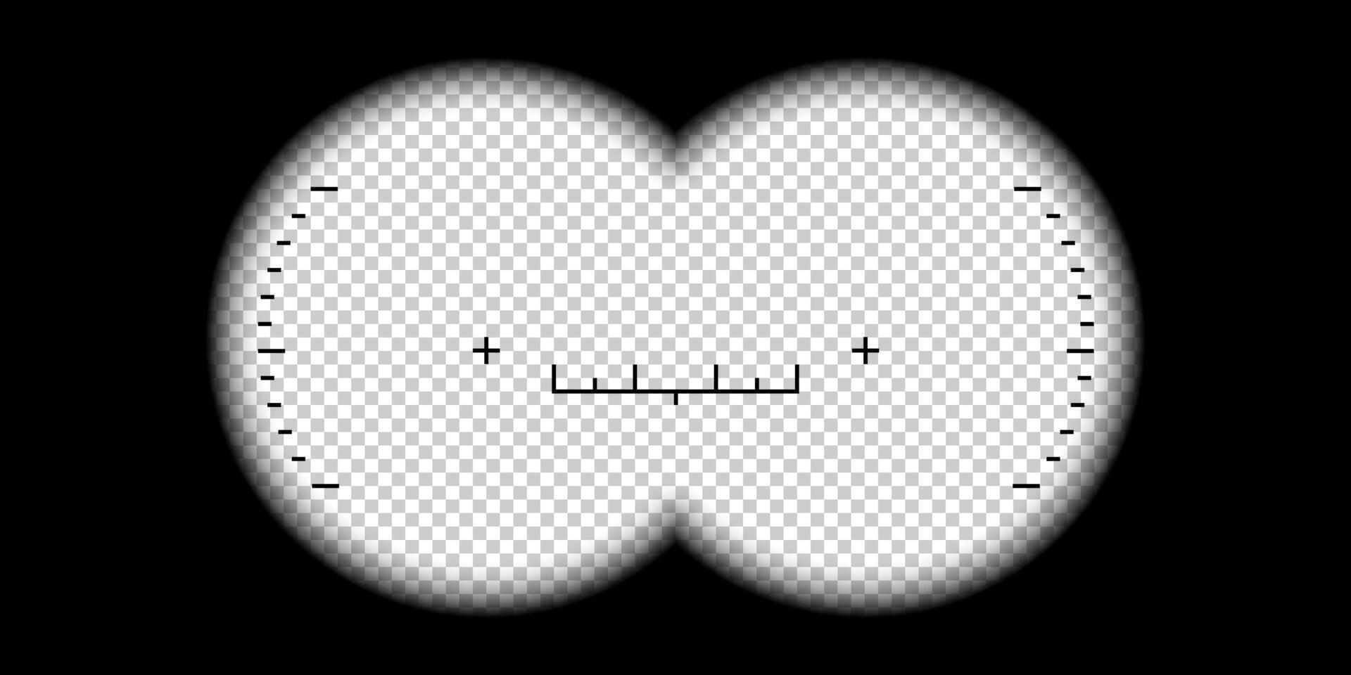 Binoculars viewfinder. Binocular POV frame with aim sight and measuring scale, watcher view look through the binoculars lenses. Realistic 3d template vector