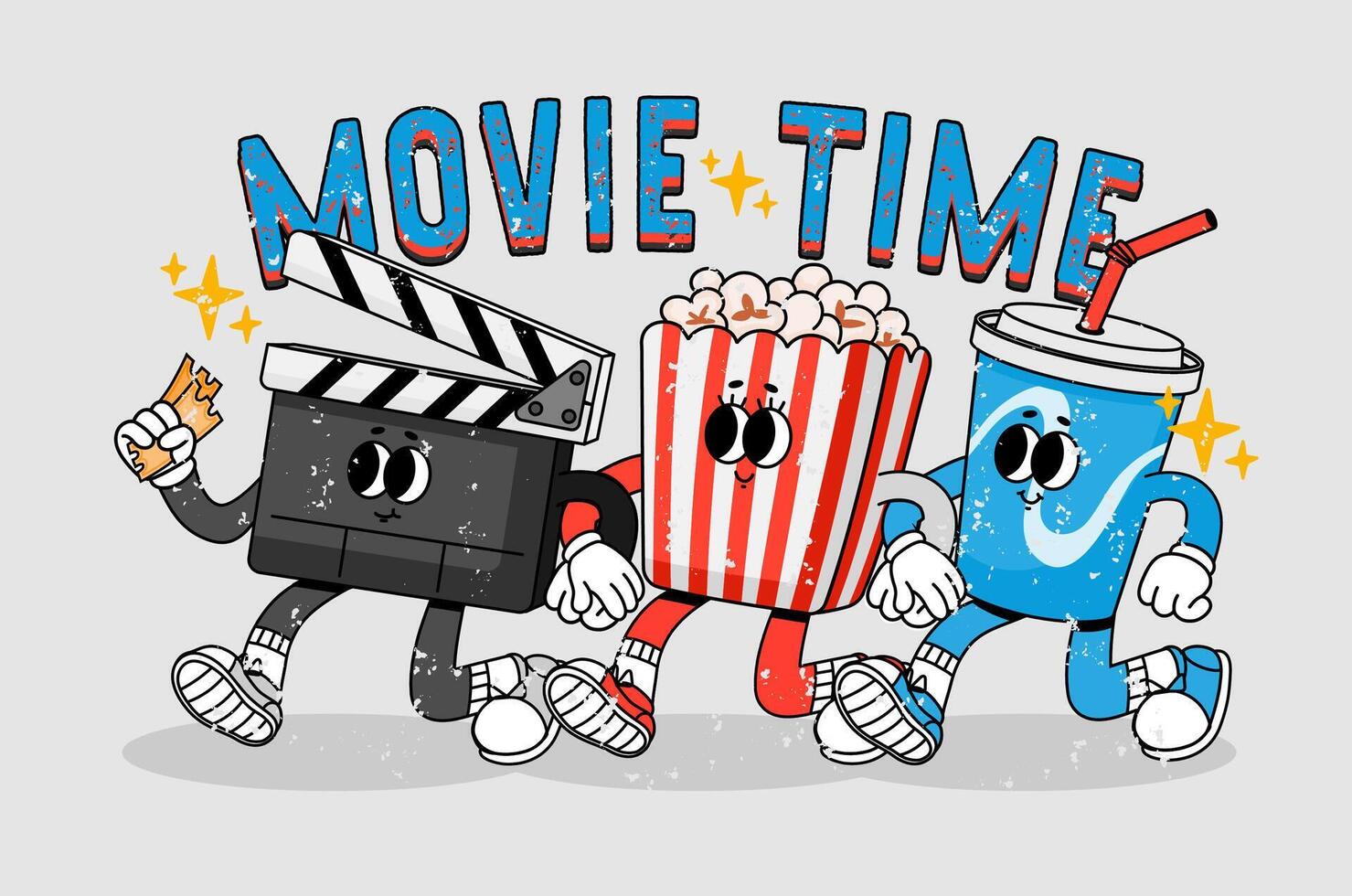 Cinema retro characters. Movie time, cartoon theater mascots. Funny theater food, pop corn, soda and clapperboard with ticket. character with legs, hands. concept vector