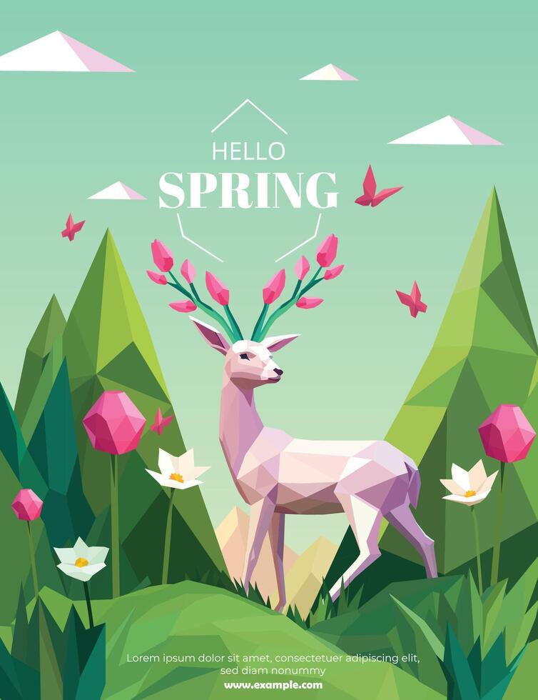 Hello spring poster template with low poly deer with flowers and nature geometric polygonal style vector