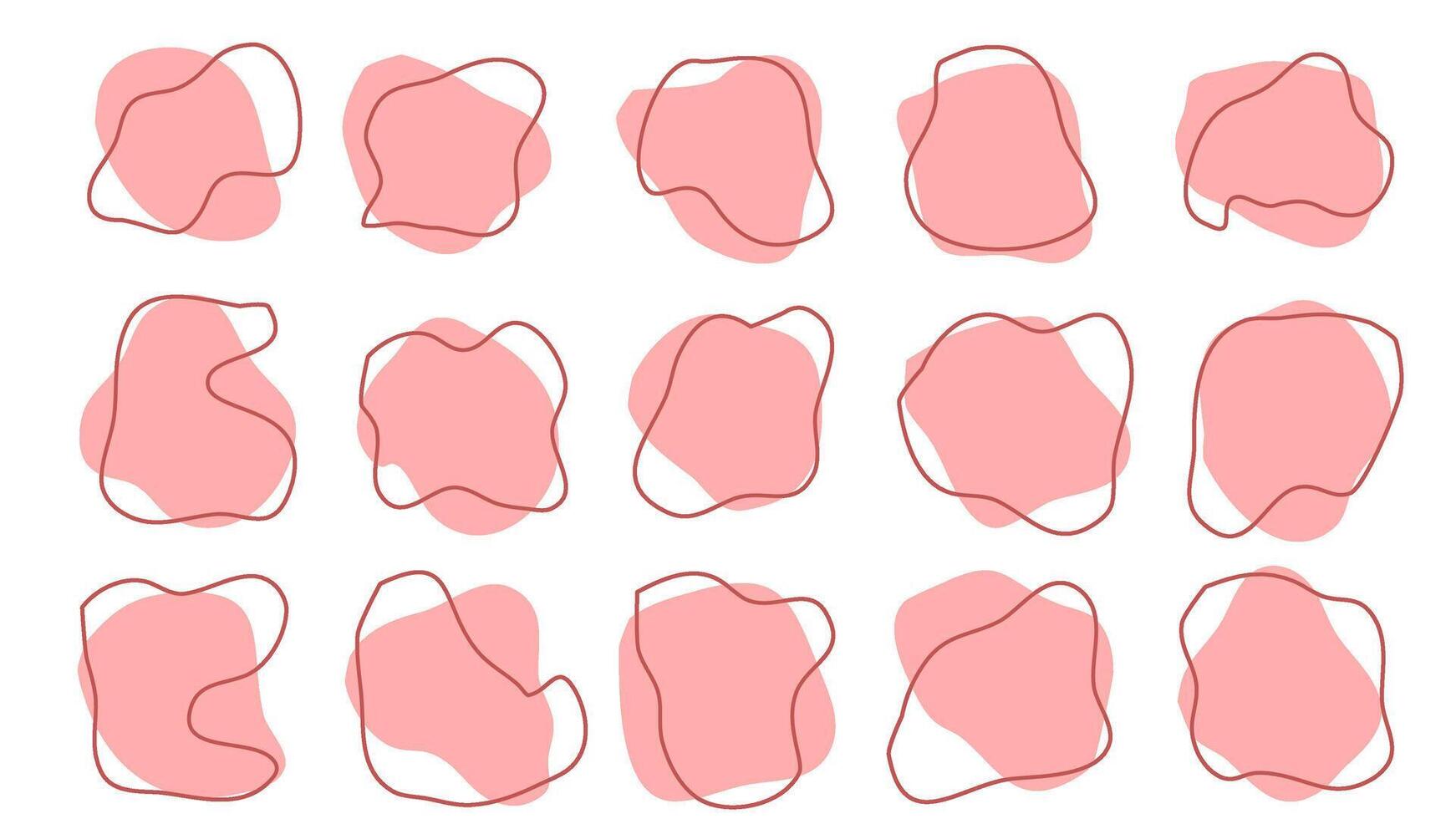 15 Modern pink Asymetric Shapes liquid irregular blob with red line abstract elements graphic flat style design fluid illustration set. Nice amoeba blobs, blotches, drops or stains bundle vector
