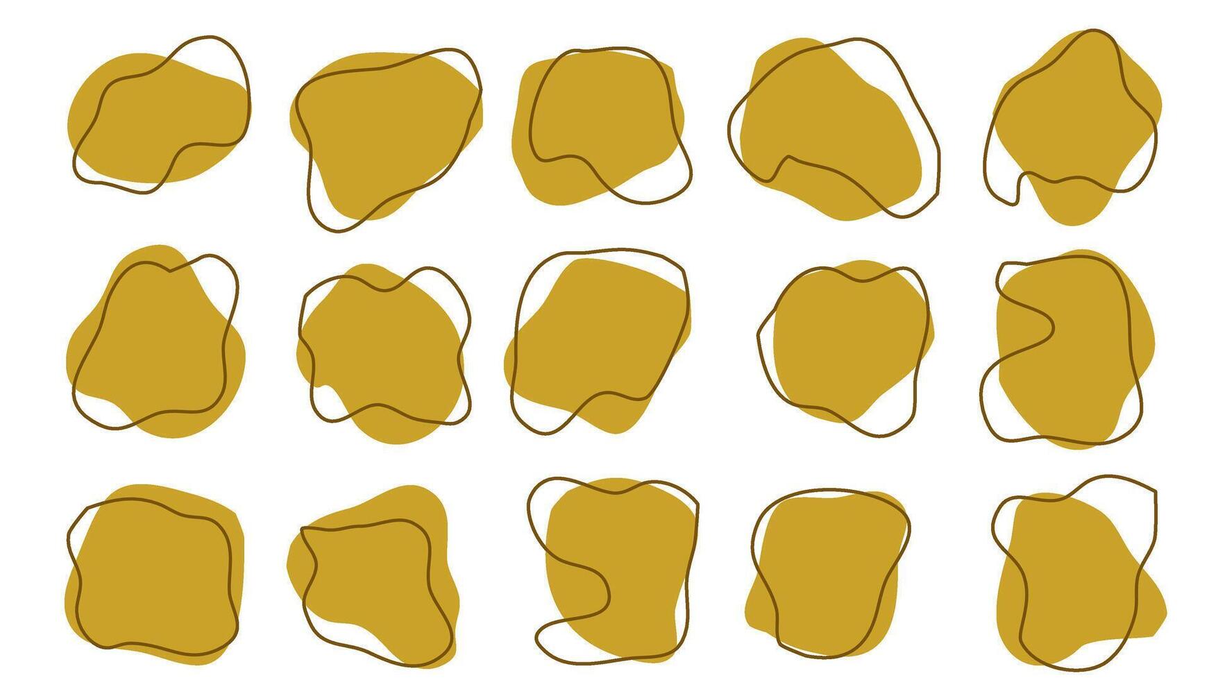 15 Modern Gold Asymetric Shapes liquid irregular blob with Brown line abstract elements graphic flat style design fluid illustration set. Nice amoeba blobs, blotches, drops or stains bundle vector