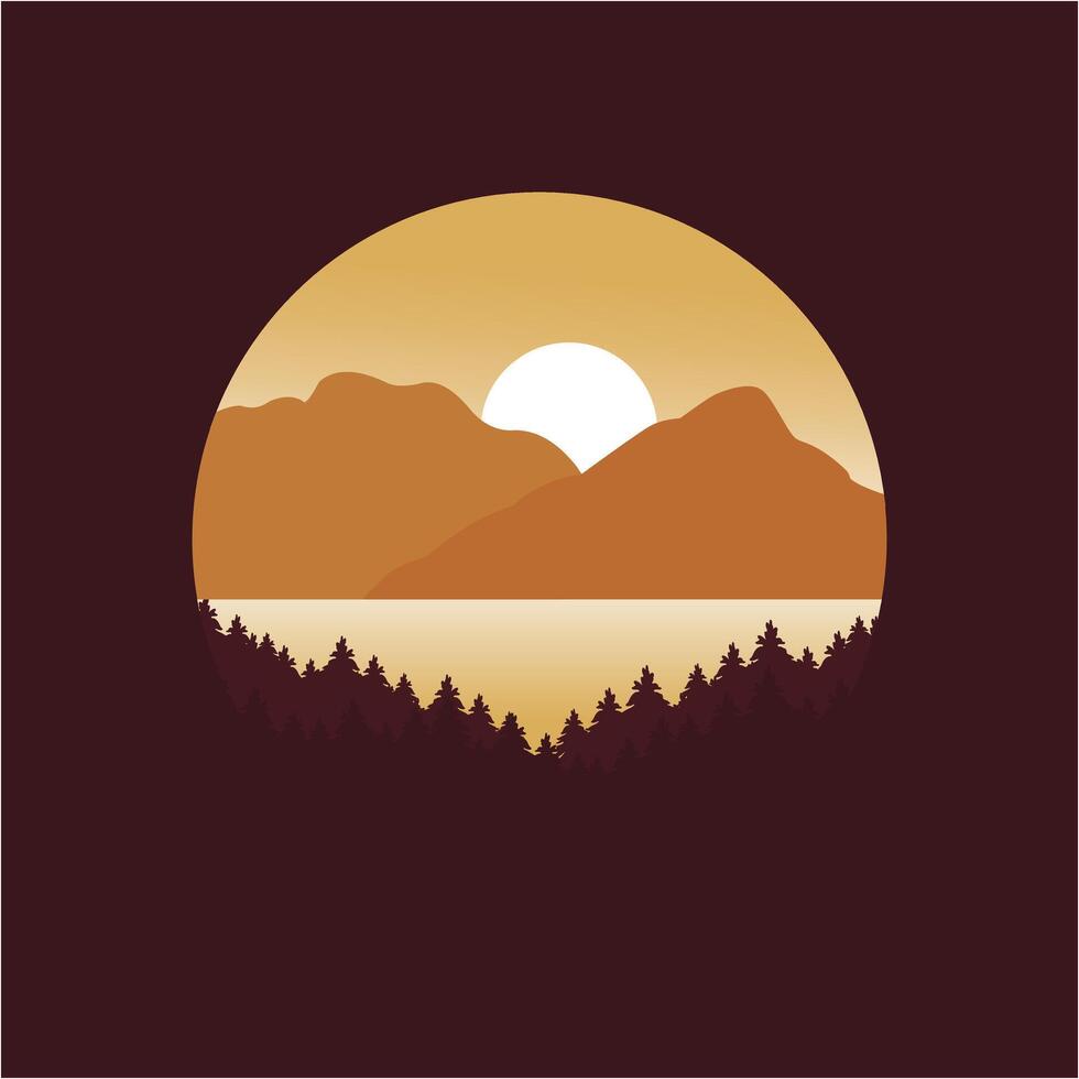 lago paisaje con montaña y arboles ilustración logo diseño modelo vector