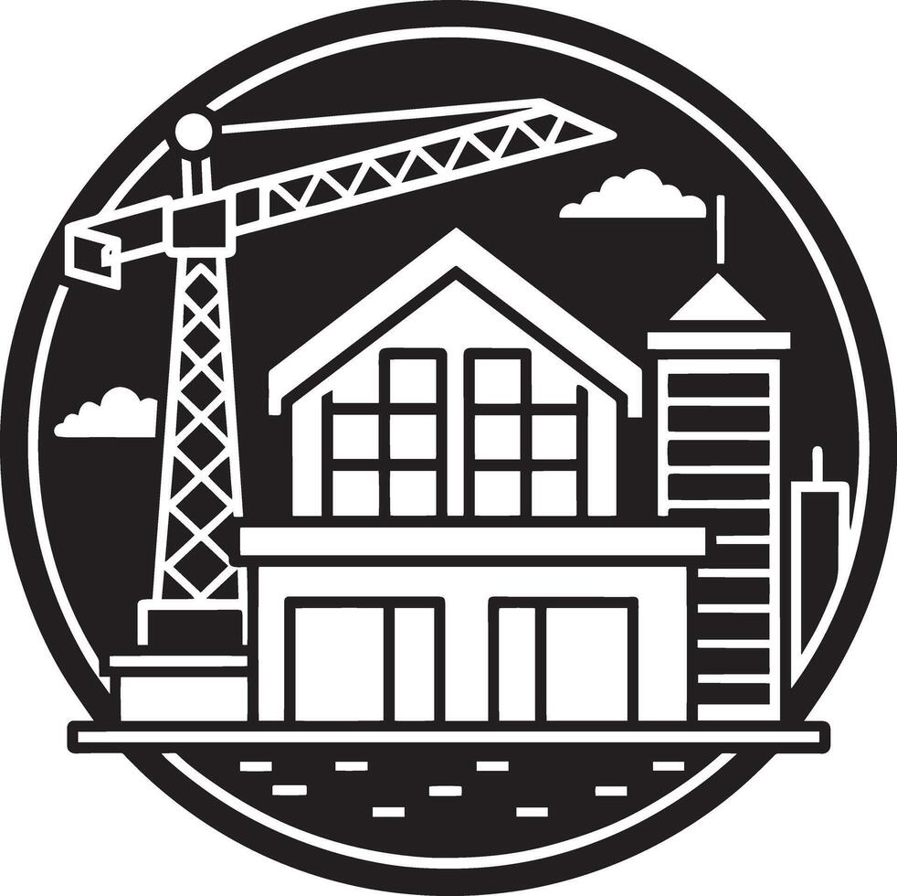 edificio y grua icono. negro y blanco ilustración de edificio y grua icono. vector
