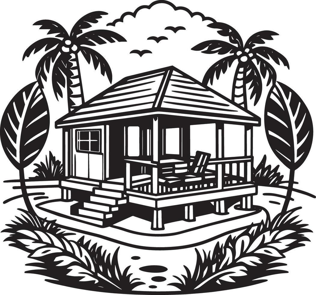 Tropical house on the beach. Black and white illustration. vector