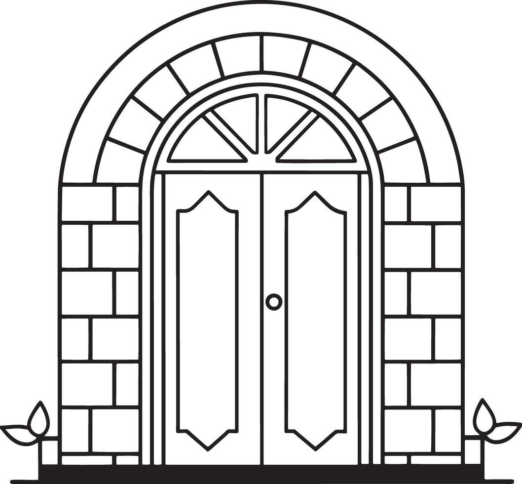 Door with a stone facade. illustration in outline style. vector