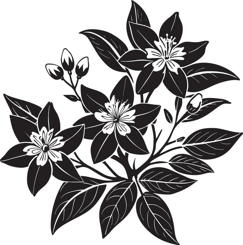 Black and white floral pattern with flowers and leaves. illustration. vector