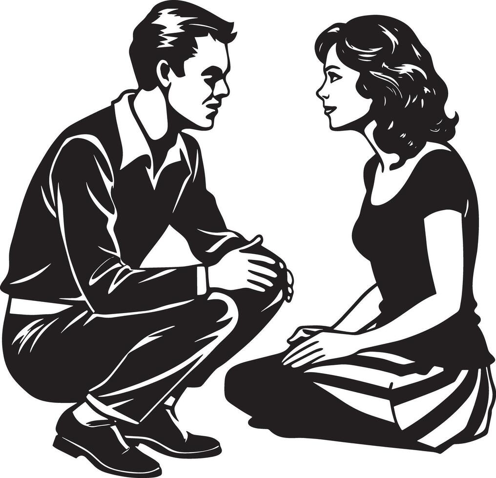 young couple sitting on the floor and talking, Couple in love sillhouette vector