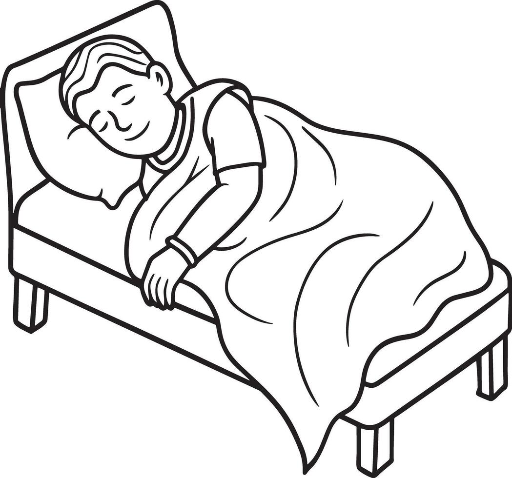 negro y blanco dibujos animados ilustración de hombre dormido en cama para colorante libro vector