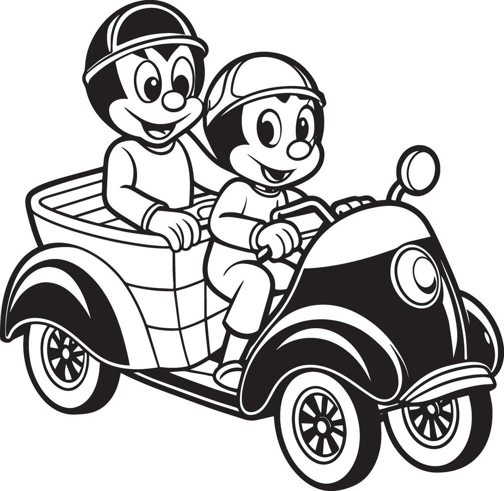 negro y blanco dibujos animados ilustración de niños montando motocicleta o scooter para colorante libro vector