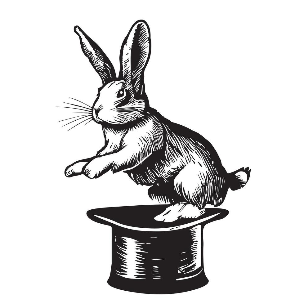 Rabbit jumping out of magician hat hand drawn sketch illustration vector