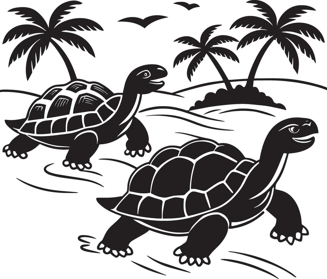 Turtles in beach - Black and White Illustration vector