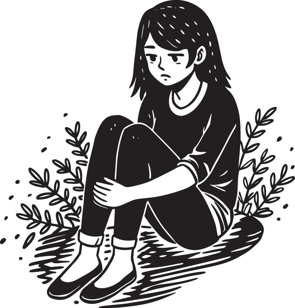 triste niña sentado en el suelo. negro y blanco ilustración. vector
