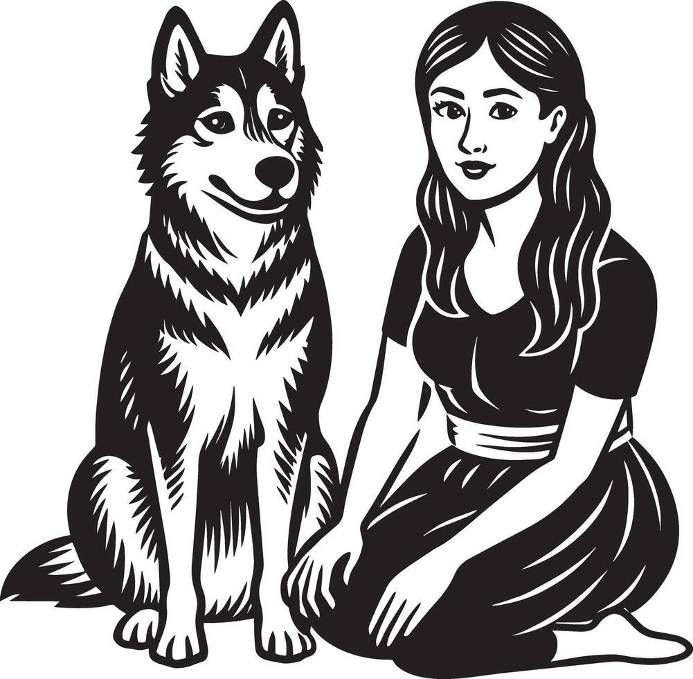 hermosa niña y su perro. negro y blanco ilustración. vector