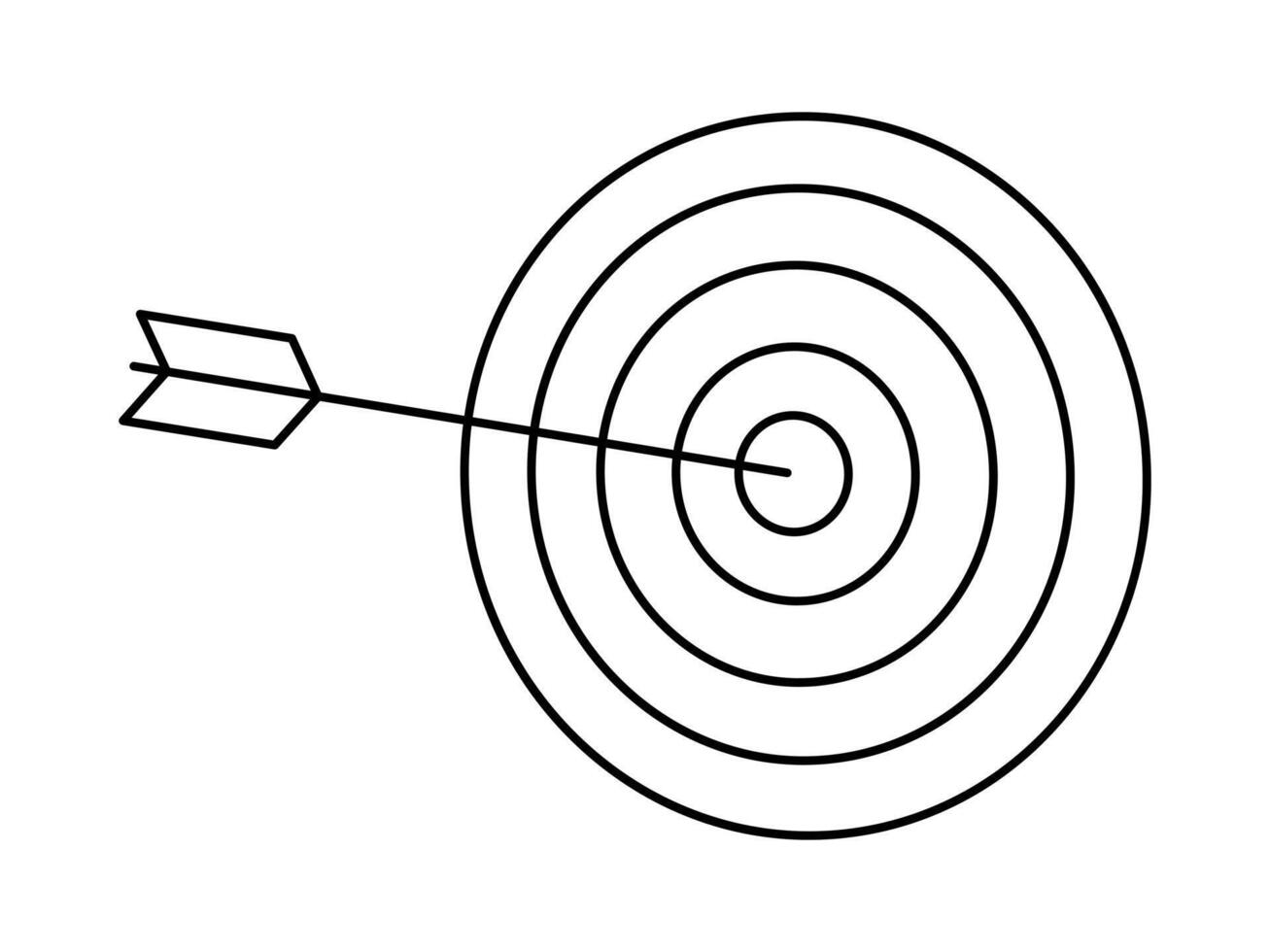 Hand drawn cute outline illustration of arrow hit center of target. Flat hit the bull's eye in line art doodle. Successful business strategy icon. Goal achievement. Problem solution. Isolated. vector