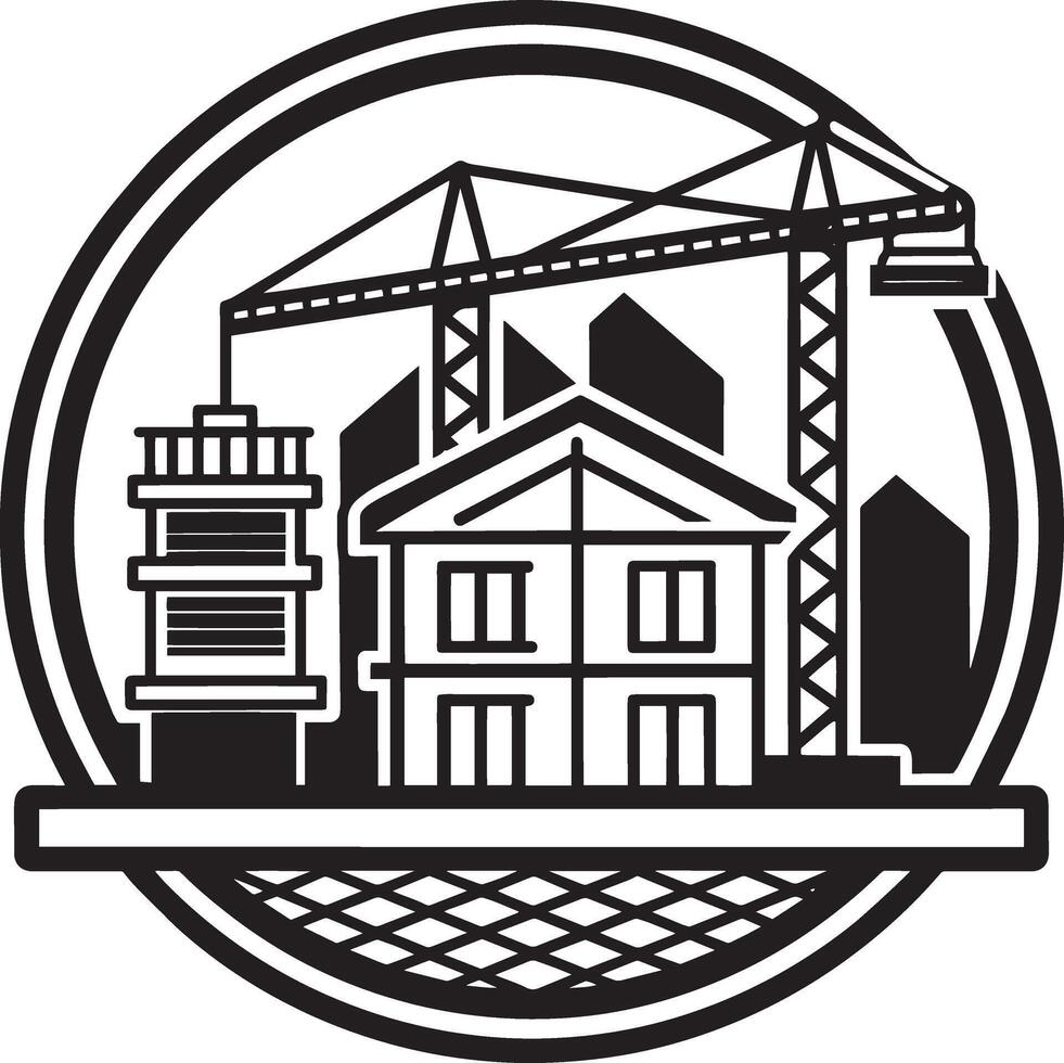 Building and crane icon. Black and white illustration of building and crane icon. vector