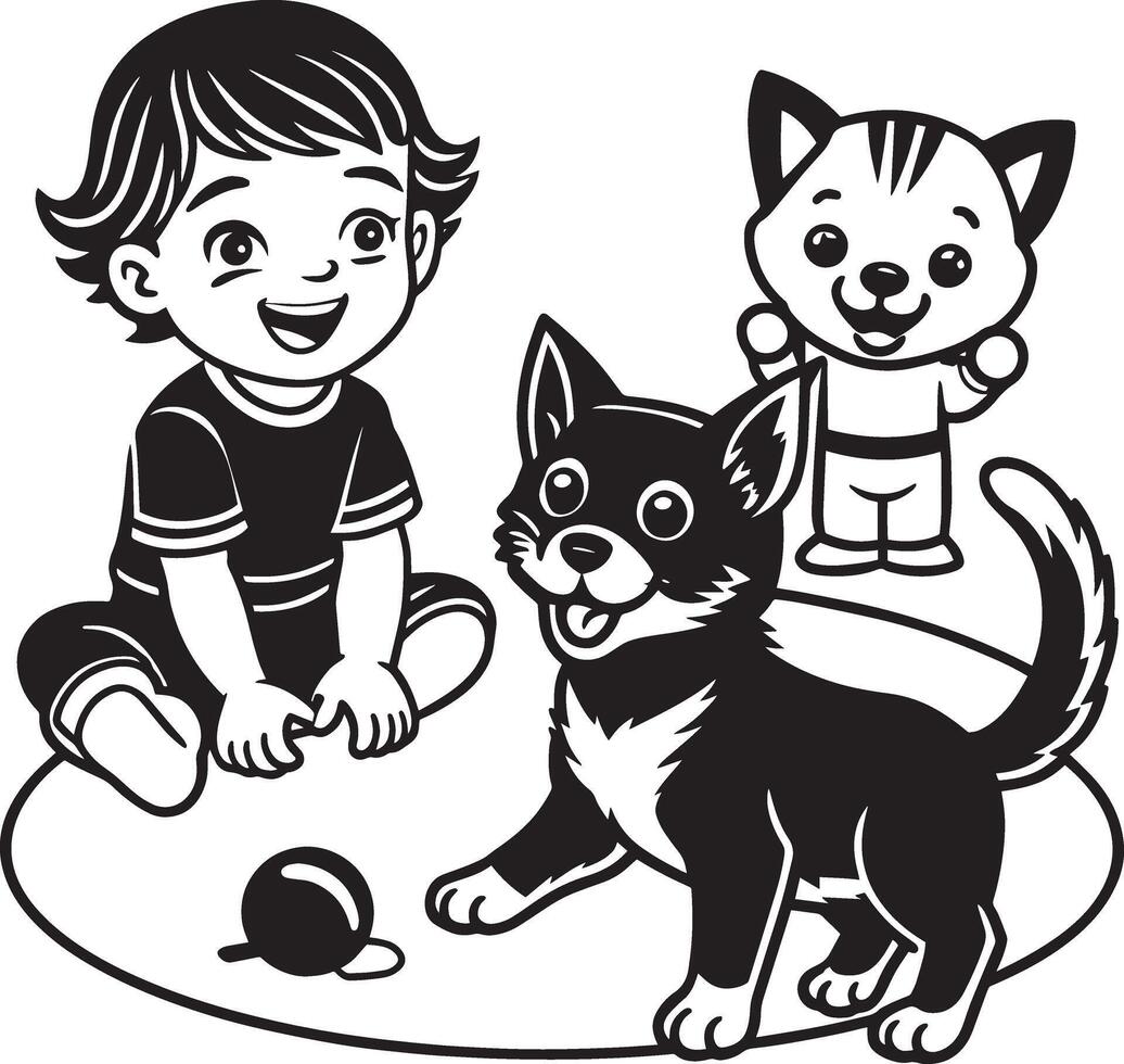 Black and White Cartoon Illustration of Kids Playing with Cats and Dogs Coloring Book vector