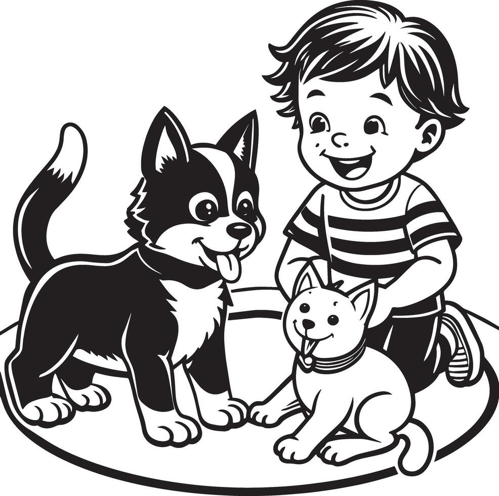 negro y blanco dibujos animados ilustración de pequeño chico y perro mascota animal caracteres vector