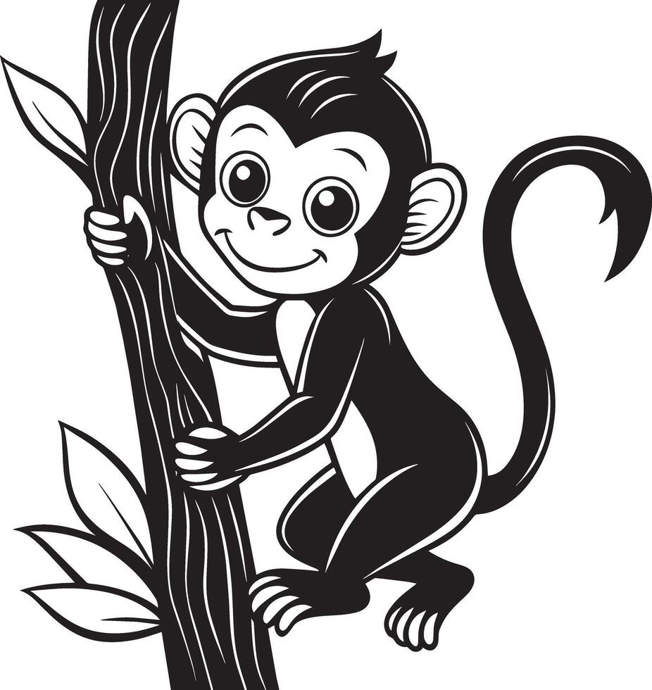 negro y blanco dibujos animados ilustración de linda mono en árbol para colorante libro vector