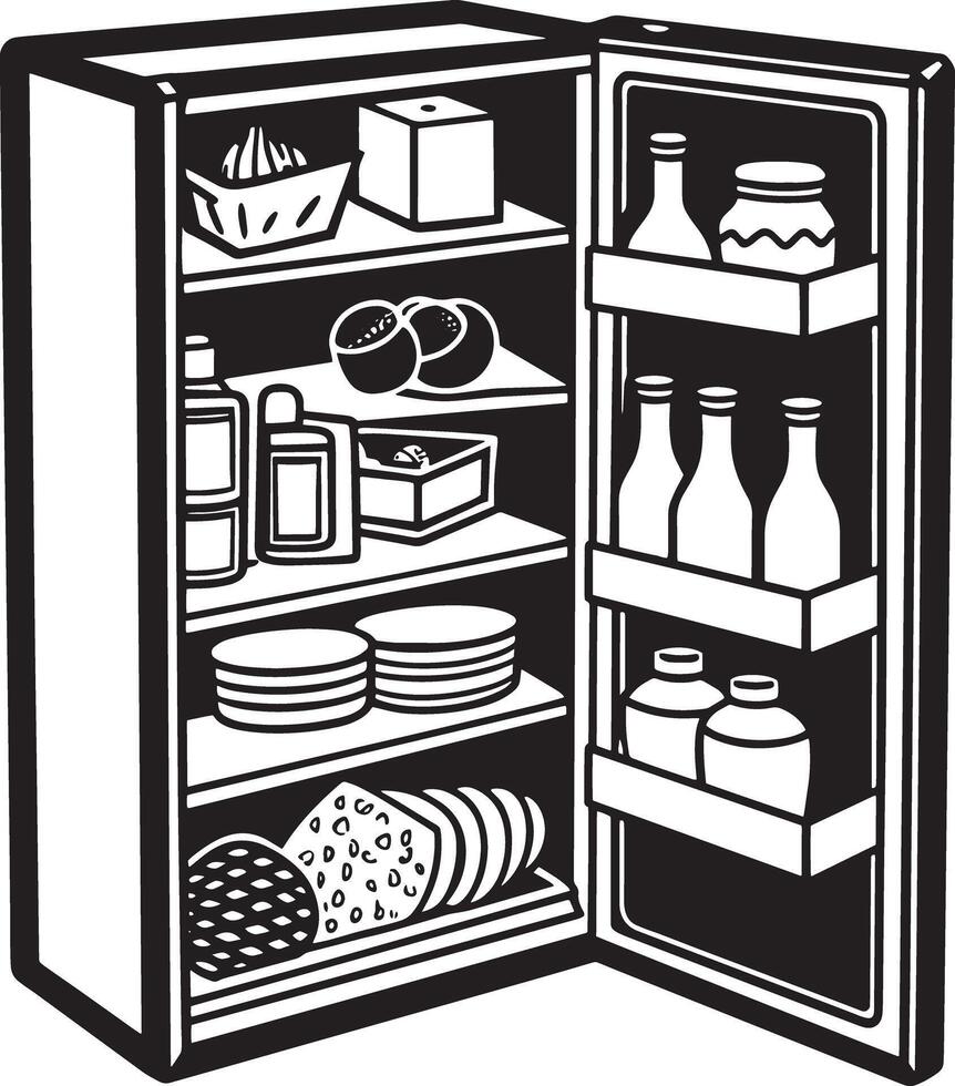 Black and white illustration of a fridge full of food and beverages. vector