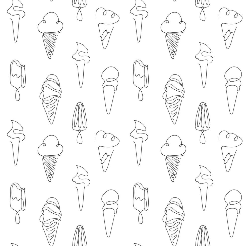 Seamless pattern with set of ice cream continuous line art drawing style vector