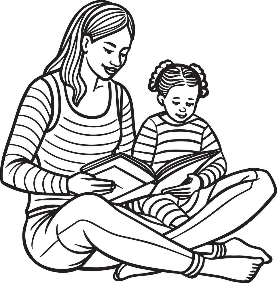 Mother reading book to her daughter, black and white illustration. vector