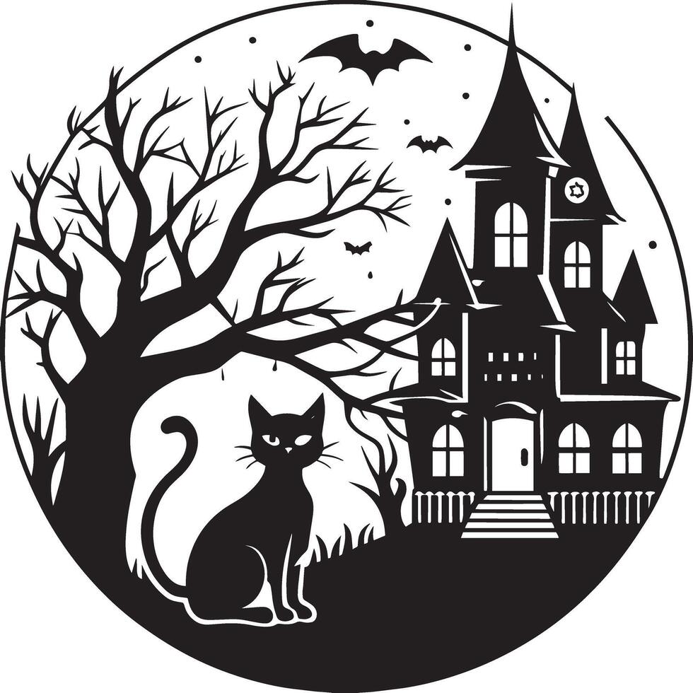 Halloween background with black cat, haunted house and tree. illustration. vector