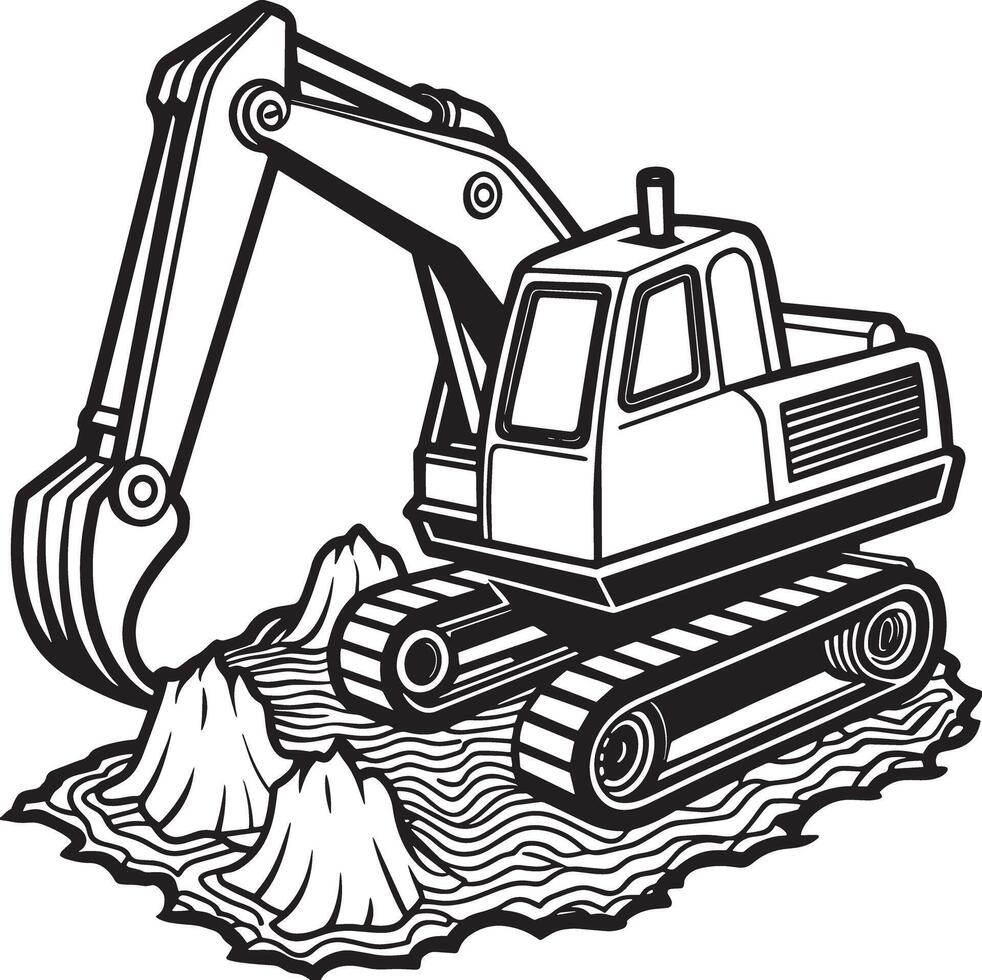 Excavator vehicle working construction equipment in black and white vector