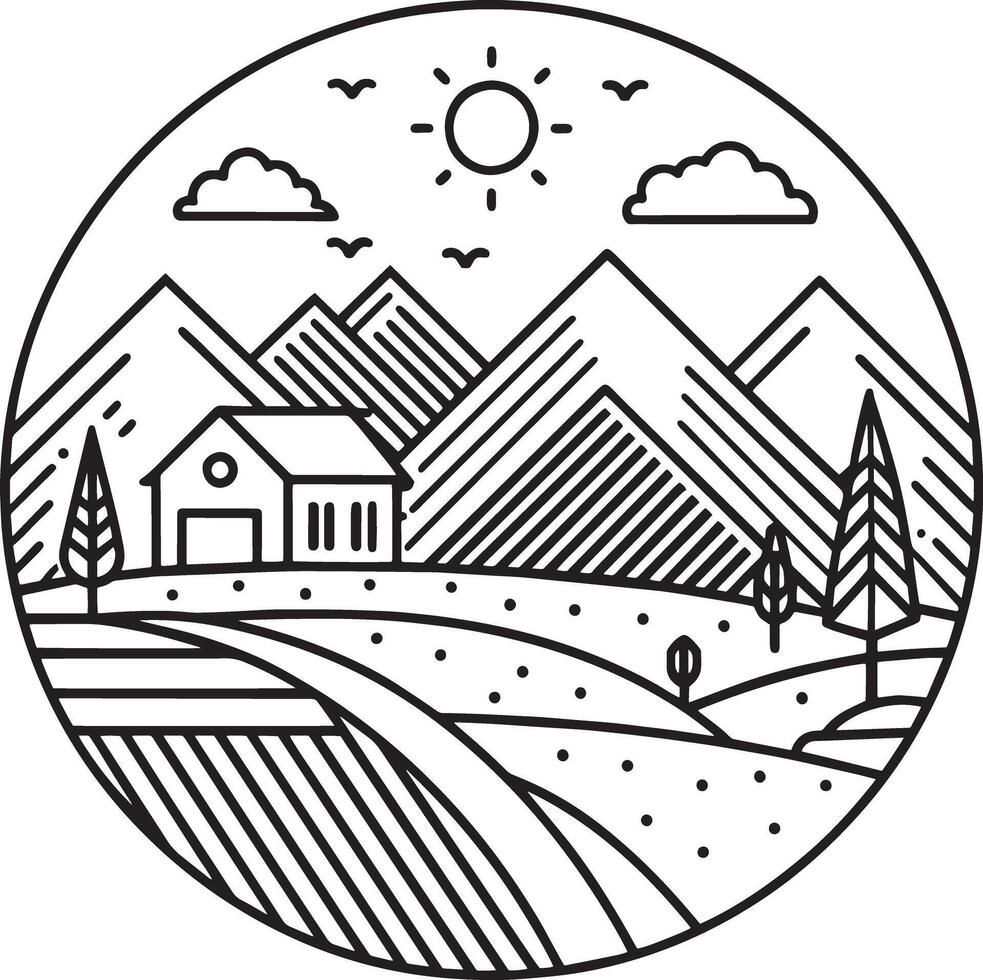 landscape with farm house and mountains line style icon illustration design vector