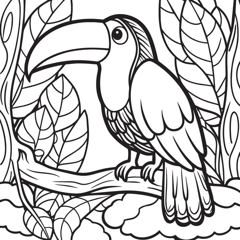 toucan sitting on a branch in the jungle for Coloring Book vector