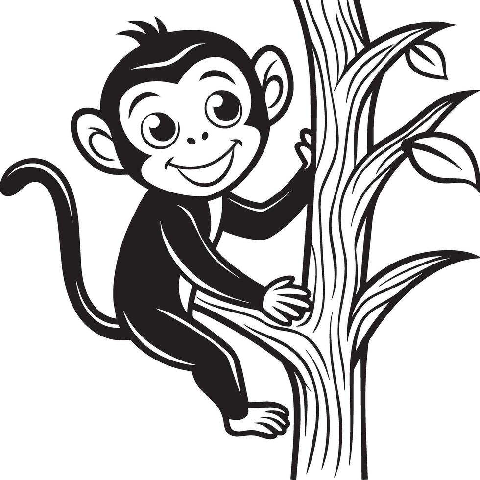 negro y blanco dibujos animados ilustración de linda mono en árbol para colorante libro vector