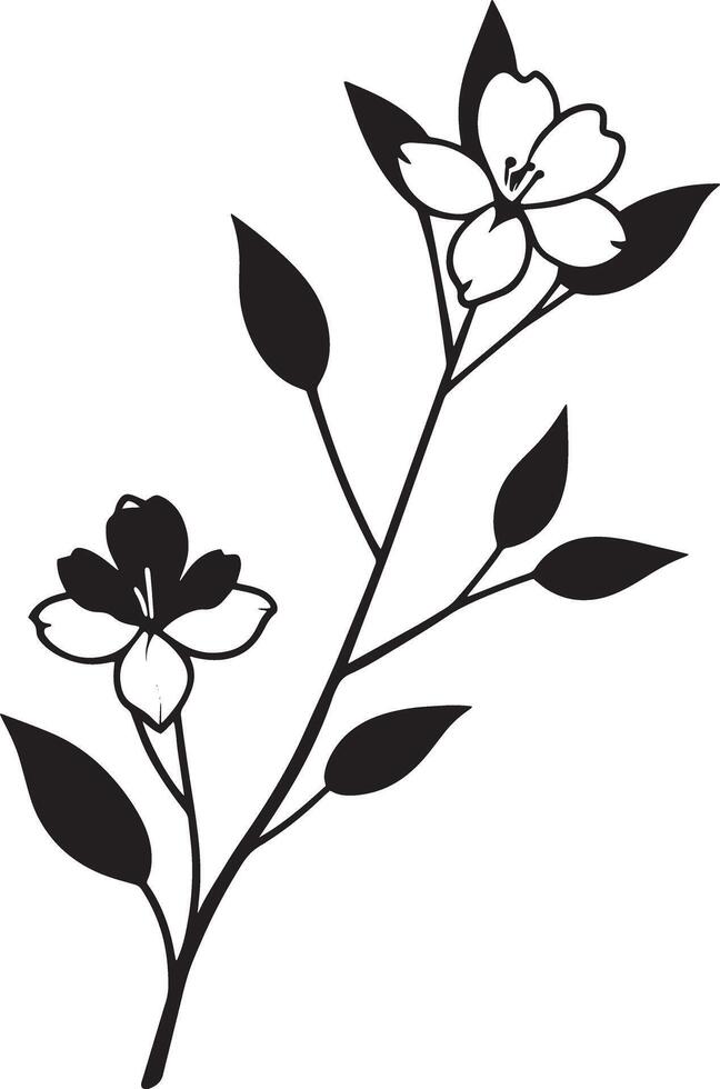 Sakura branch with flowers and leaves. Black and white illustration. vector