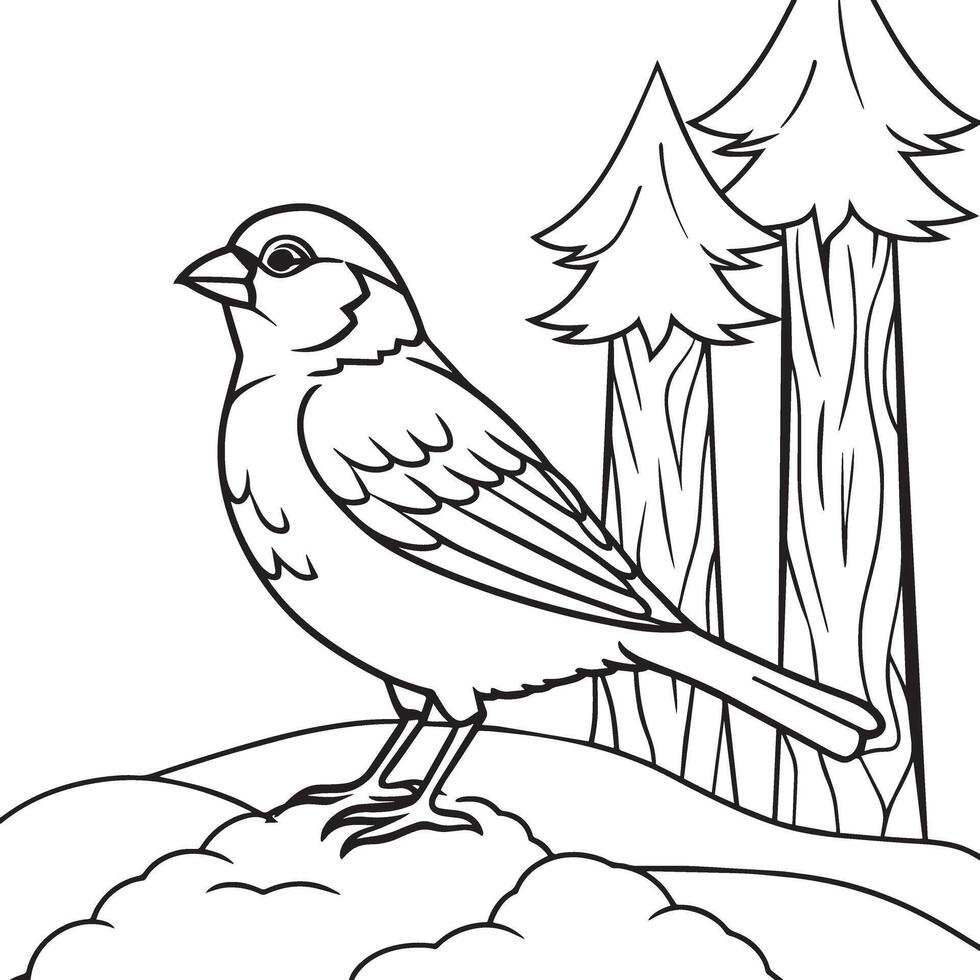 Black and White Cartoon Illustration of Bird Sitting on a Rock with Pine Trees Behind vector