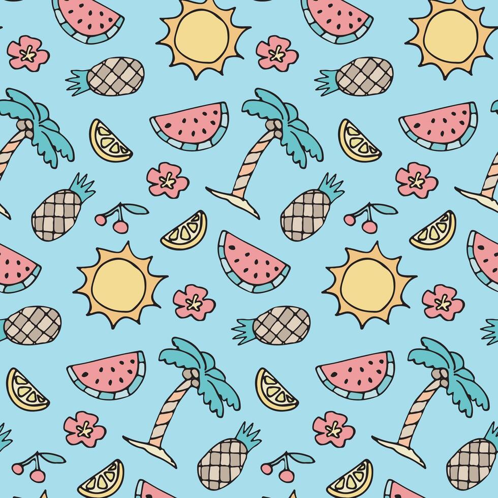 Hand drawn seamless tropical vacation pattern in a cute, retro design. Ideal for restaurant menus, packaging, summer beach touch vector