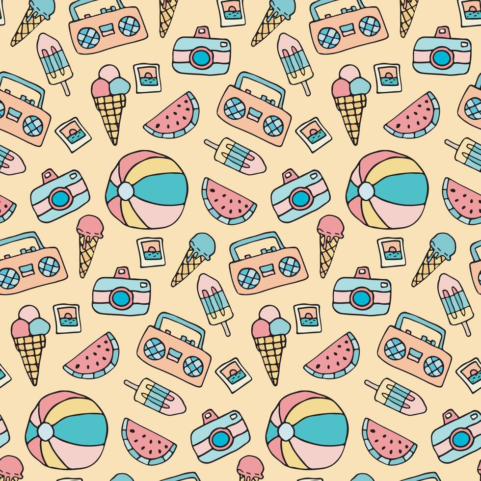 retro summer vibes with this colorful pattern featuring ice cream, beach balls, and tropical elements, doodle beach vacation texture vector