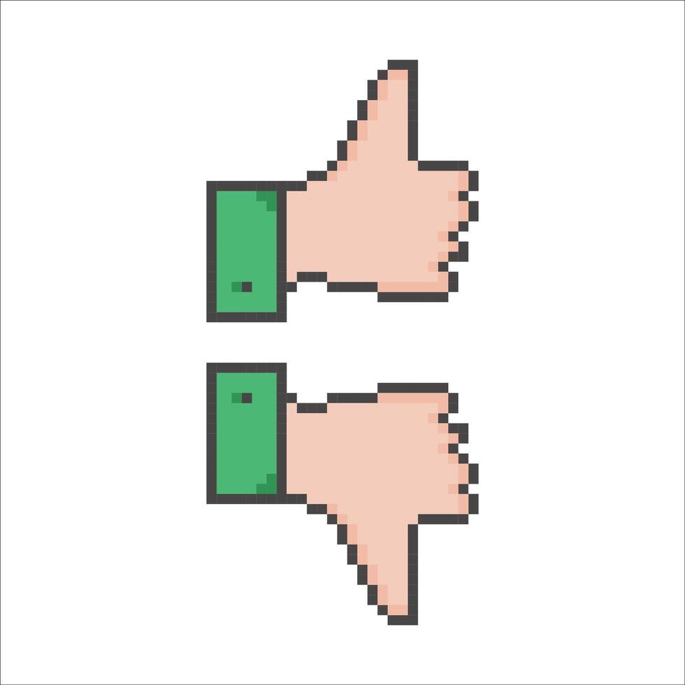 icons in pixel art style, retro style icons, squares. hand icon, like and dislike, thumbs up fnd down vector