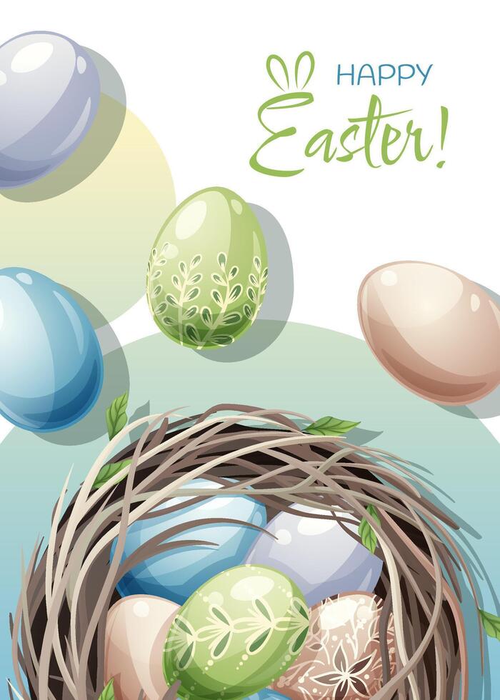 Easter greeting card template. Poster with Easter eggs in a nest. Spring cute holiday illustration. It s spring time vector