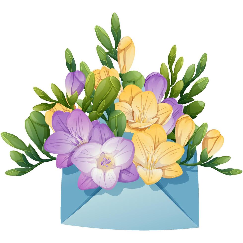 Envelope with freesia on an isolated background. Spring floral illustration. Delicate bouquet for decoration, design, cards, invitations, etc. vector