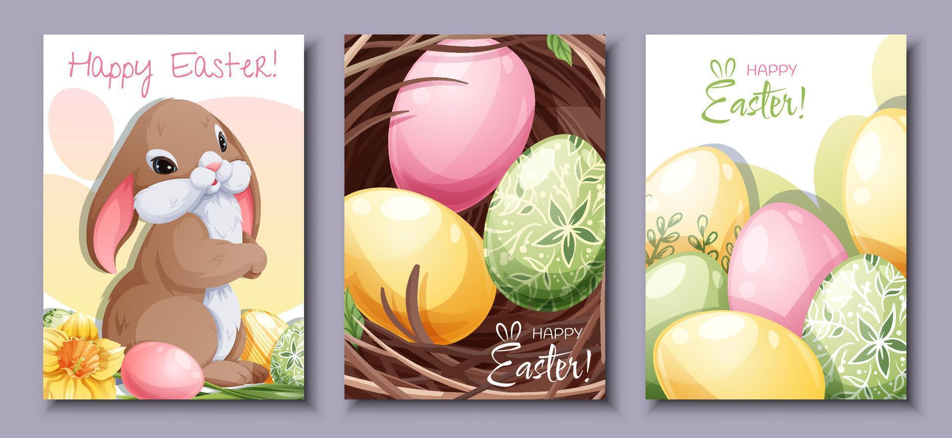Set of greeting cards for Easter. Poster, banner with Easter bunny and eggs in the nest. Spring time vector